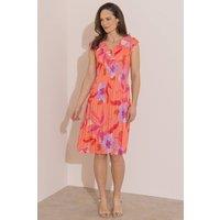 Klass. Women's Floral Print Ruffle Neck Pleated Dress in Orange | Size: Small