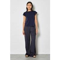 Apricot Women's Pinstripe Linen Blend Wide-Leg Trousers in Navy | Size: 14