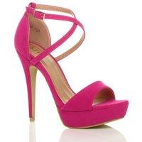 AJVANI Women's High Heel Crossed Straps Platform Faux Suede 2 Part Heels in Fuchsia | Size: 6