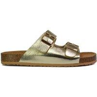 XY London Women's 'Star' Double Strap Buckle Up Summer Slip On Flat Sandals in Metallic Gold | Size: 7