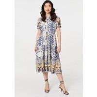 Izabel London Women's Printed Short Puff Sleeve Midi Dress in Grey | Size: 18