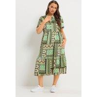 Yours Women's Patchwork Half Placket Dress in Green | Size: 22-24