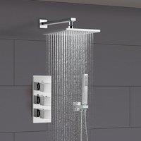 Nes Home Chrome Square 3 Way Triple Thermostatic Valve with Round Shower Head + Handset in Silver