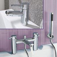 Nes Home Chrome Round Bridge Deck Mounted Bath Shower Mixer With Handset & Basin Single Lever Mixer Tap Set in Silver