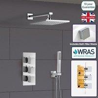 Nes Home Chrome 3 Way Square Concealed Thermostatic Mixer Valve Hand Held Bath Shower Kit in Silver