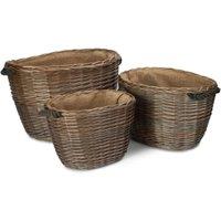 Red Hamper Set 3 Oval Hessian Lined Wicker Log Baskets in Brown