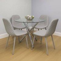 KOSY KOALA Round Clear Glass Dining Table With 4 Grey Gem Pattern Chairs