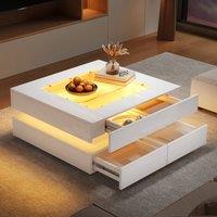 BTM High gloss coffee table with 3 drawers LED glass top white