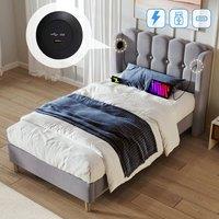 BTM Upholstered Wooden Slatted Bed Frame with USB & Type-C Charging in Grey | Size: Double