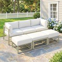 OUTSUNNY 6 PC Garden Daybed, Sectional Sofa Set with Coffee Table, Footstool in Cream