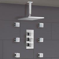 Nes Home Rose Square Concealed Thermostatic Shower Mixer Ceiling Head & Massage Body Jets Set in Silver