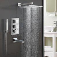 Nes Home Olive Chrome Square 3 Way Concealed Thermostatic Shower Mixer Shower Head Handset & Bath Filler Spout Set in Silver