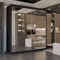 Sliding Wardrobes 4U Queen Double Full Mirror Sliding Door Wardrobe 200cm X 217cm in Black | Size: 200 cm X 217 cm