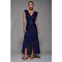 Jolie Moi Women's Sequin Asymmetric Ruffle Hem Maxi Dress in Blue | Size: 12
