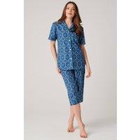 British Boxers Women's "Marrakesh Paisley" Crisp Cotton 3/4 Length Pyjama Set in Bright Blue | Size: Small