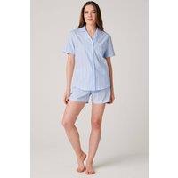 British Boxers Women's "Breezy Blue Satin Stripe" Crisp Cotton Short Pyjama Set in Baby Blue | Size: XS