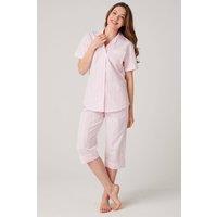 British Boxers Women's "Shell Pink Satin Stripe" Crisp Cotton 3/4 Length Pyjama Set in Baby Pink | Size: 2XL