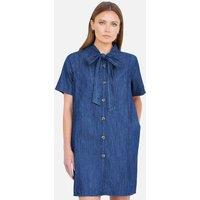 Yumi Women's Blue Chambray Tunic With Pussy Bow Tie in Indigo | Size: 16