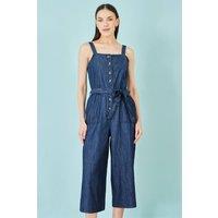 Yumi Women's Blue Chambray Button Through Jumpsuit | Size: 16