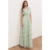 Anaya with Love Women's V Neck Ruffle Tulle Maxi Dress in Green | Size: 16