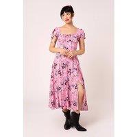 Hell Bunny Women's Pink Bohemian Midi Dress with Puff Sleeves & Keyhole Tie Front | Size: Small