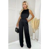 AX Paris Women's Black Satin Cut Out Waist Full Length Jumpsuit | Size: 16
