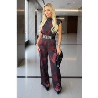 AX Paris Women's Plum & Black Smudge Print Belted Wide Leg Jumpsuit | Size: 8