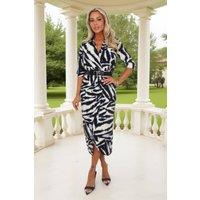 AX Paris Women's Black & White Animal Print Belted Wrap Shirt Midi Dress | Size: 12