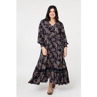 Izabel Curve Women's Curve Floral Lace Long Sleeve Maxi Dress in Navy | Size: 26
