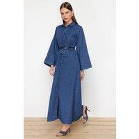 WOVCOR Women's Belted Button Front Denim Maxi Shirt Dress in Blue | Size: 6