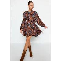 WOVCOR Women's Floral Print Long Sleeve Tie Waist Mini Dress | Size: 6