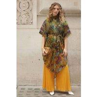 CY Women's Pattern Print Pleated Blouse & Trousers Set in Yellow