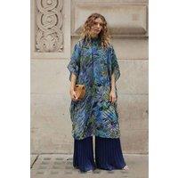 CY Women's Pattern Print Pleated Blouse & Trousers Set in Blue
