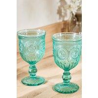 Dibor Set of 2 Vintage Luxury Spring Summer Turquoise Embossed Drinking Glass Wine Goblets Wedding Gift 290ml in Green | Size: 2 Pack