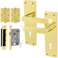 AFIT Brass Lock Door Handles Set, 1 Pair Polished Brass Backplate, Hinges in Gold | Size: 150mm x 150mm