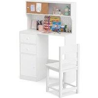CASART Kids Desk & Chair Set Wooden Study Desk w/ 2 Cabinets & 3 Drawers in White