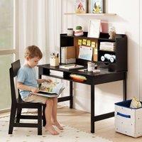 CASART Kids Study Table & Chair Set Wooden Table & Chair w/ Hutch & Shelves in Black