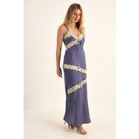 NastyGal Women's Hammered Satin Cutwork Lace Insert Maxi Dress in Slate Blue | Size: 6