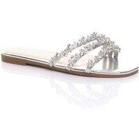 AJVANI Women's Flat Heel Diamante Sandals Flip Flops Sliders in Silver | Size: 5