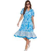 Amber Women's Border Print Short Sleeve Dress - Lightweight Viscose Midi with in Blue | Size: 12