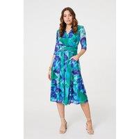 Izabel London Women's Printed Short Sleeve Pleated Wrap Midi Dress in Blue | Size: 18