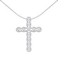 Jewelco London Silver CZ Scallop Edge Wavy Cross Pendant Necklace