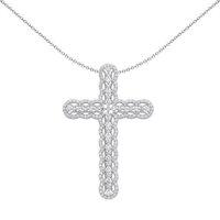 Jewelco London Silver CZ Scallop Edge Tennis Cross Pendant Necklace