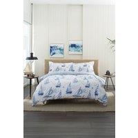 Lobster Creek Solent Duvet Cover Set Nautical Sailing Boat Design w/ Fresh White Background & Stripe Reverse - 100% Cotton Coastal Bedding for a