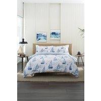 Lobster Creek Solent Duvet Cover Set Nautical Sailing Boat Design w/ Fresh White Background & Stripe Reverse - 100% Cotton Coastal Bedding for a