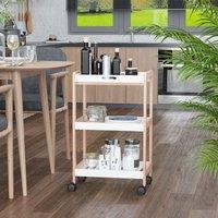 HOMCOM Mobile Serving Trolley Kitchen Cart Pine Wood 3 Tier Rolling Wheels in Brown