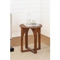 MH London Solid Mango Wood Round Side Table, Bedside End Table with Arched X-Base for Living Room & Bedroom - Viera in Walnut
