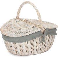 Red Hamper Wicker White Wash Finish Oval lined Picnic Basket in Grey