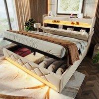 BTM Ottoman Bed with LED Lighting, USB Type-C Charging, Storage Headboard in Beige | Size: Double