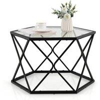 Costway Geometric Glass Coffee Table Hexagonal End Table with Tempered Glass Top in Black